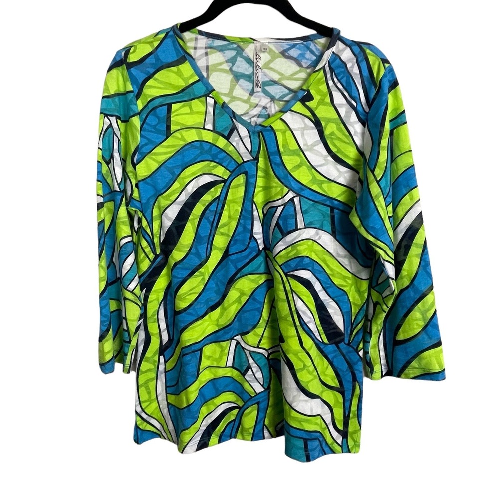 Lulu B Turquoise Green White Black Burn Out V-neck 3/4 Top Size XS Coastal
